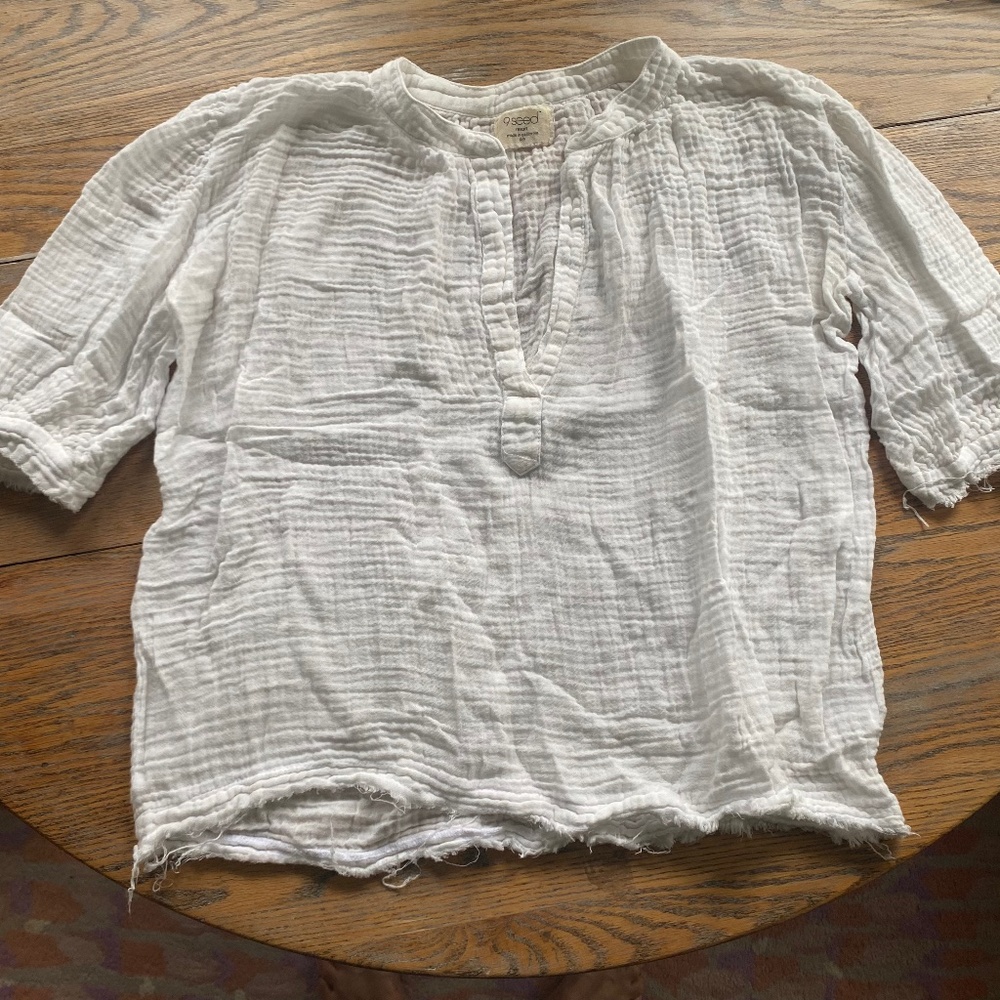 9 SEED white textured cotton split neck top/P/S